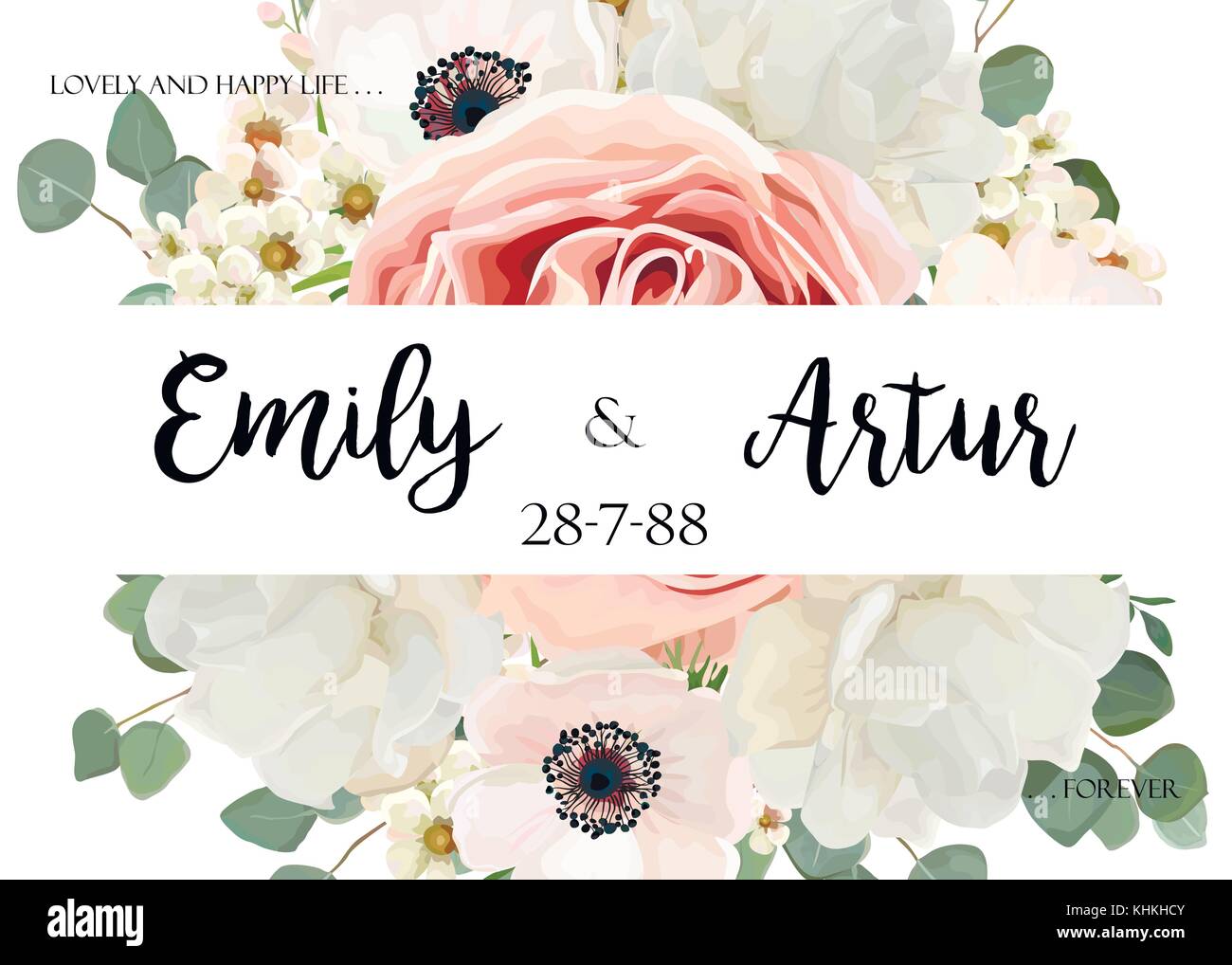 Vektor floral Einladung Hochzeit einladen, das Datum card Design speichern mit Blumenstrauß von Peach white rose Pfingstrose wachs Eukalyptus grün Zweig, Blätter, g Stock Vektor