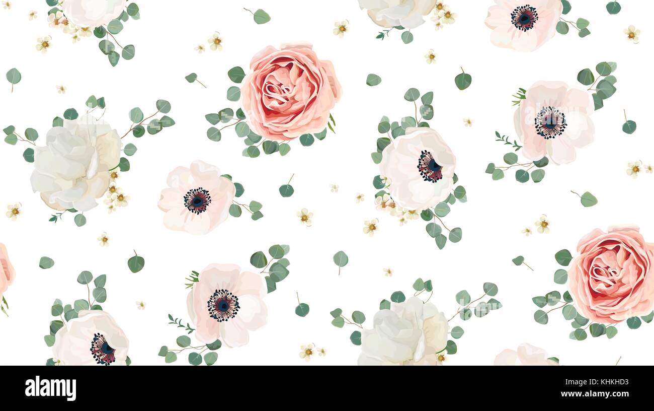 Nahtlose Muster vektor Blumen Aquarell Design: Garten rose Pfingstrose, Pulver Weiß Rosa anemone Blume silber Eukalyptus grün Zweig Thymian wachs Blumen Stock Vektor