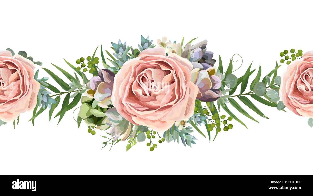 Die nahtlose Vektor florale Muster blumenstrauß Design: Garten rosa Rose Wachs pfirsich Lavendel Blume, Eukalyptus Zweig grünen Farn Palmwedeln saftige Beere il Stock Vektor