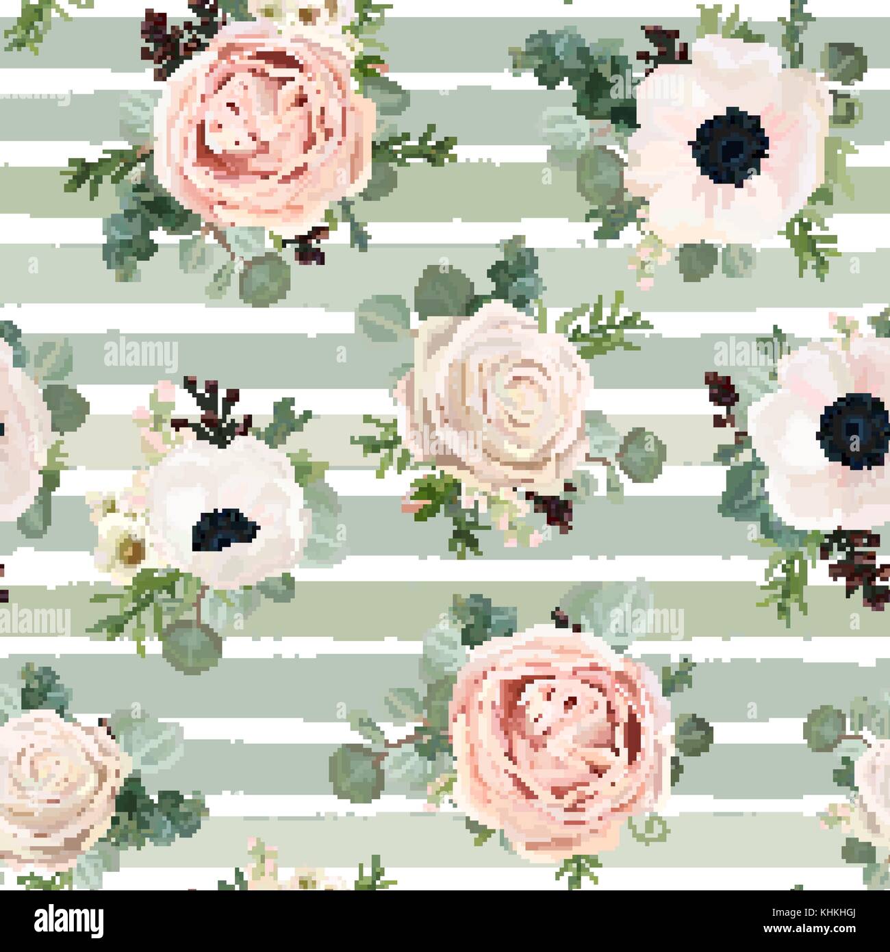 Nahtlose Muster vektor Blumen Aquarell Design: Garten Pulver Weiß Rosa anemone Blume silber Eukalyptus Grün Thymian kraut Wachs grün Beere Blätter Stock Vektor
