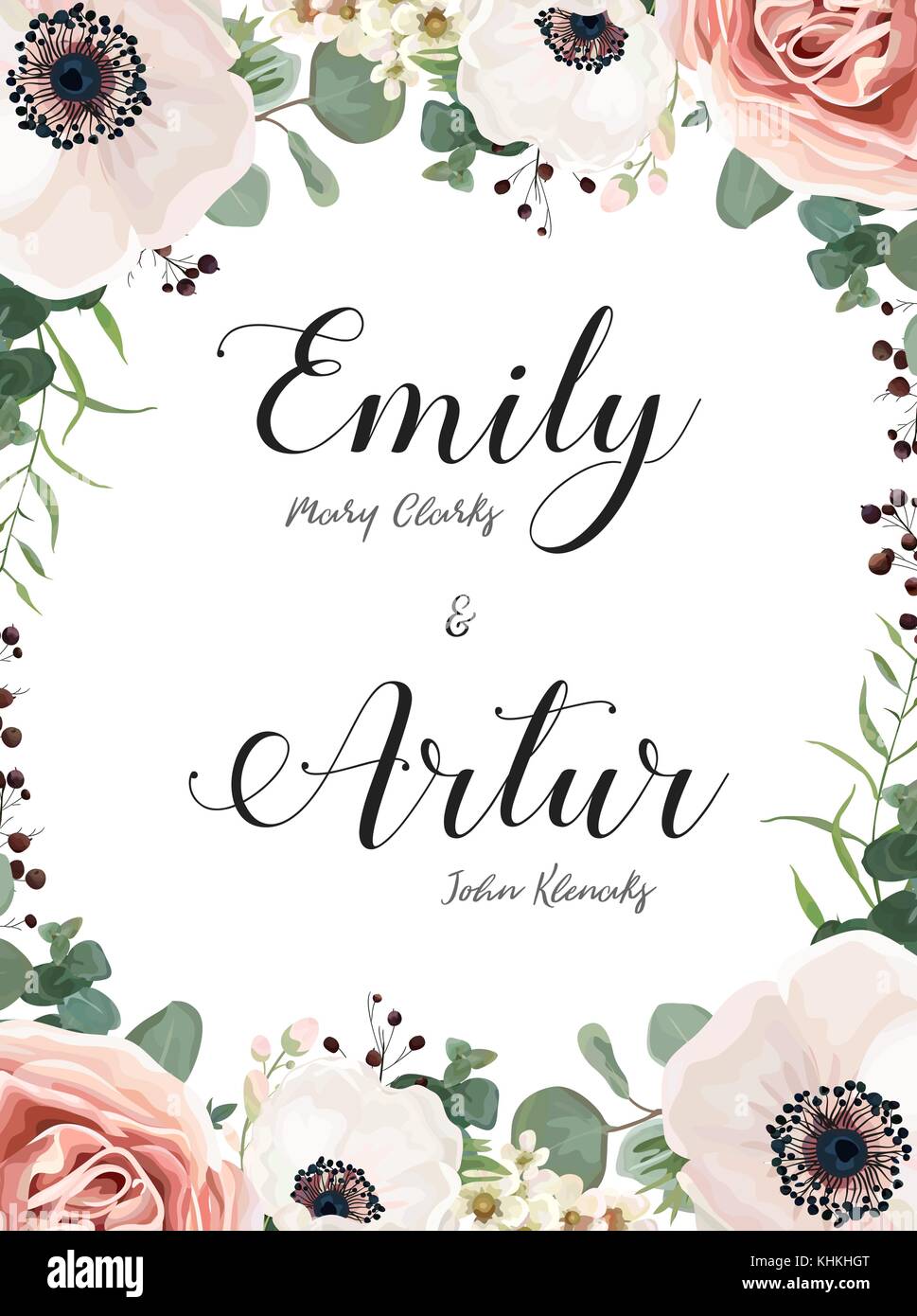 Blumen Hochzeit Einladung, elegante Karte vektor design einladen: Garden Flower Antique Moody peach Rose weiß Wachs, Anemone green blue Eukalyptus zarte Stock Vektor