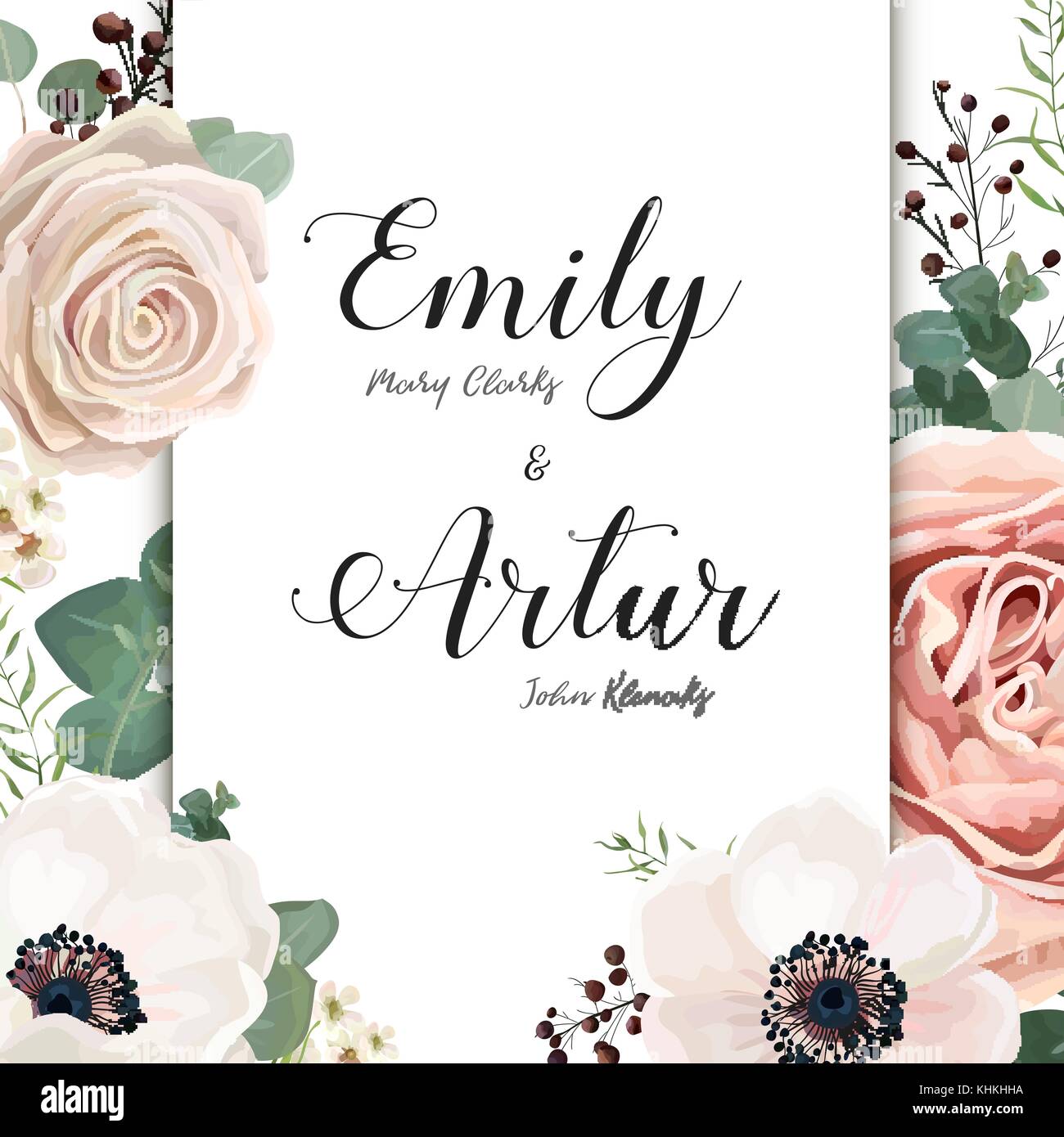 Blumen Hochzeit Einladung elegante Karte vektor design einladen: Garden Flower Antique pink Pfirsich Pulver rose weiß Wachs anemone Green Blue Eukalyptus neigen Stock Vektor