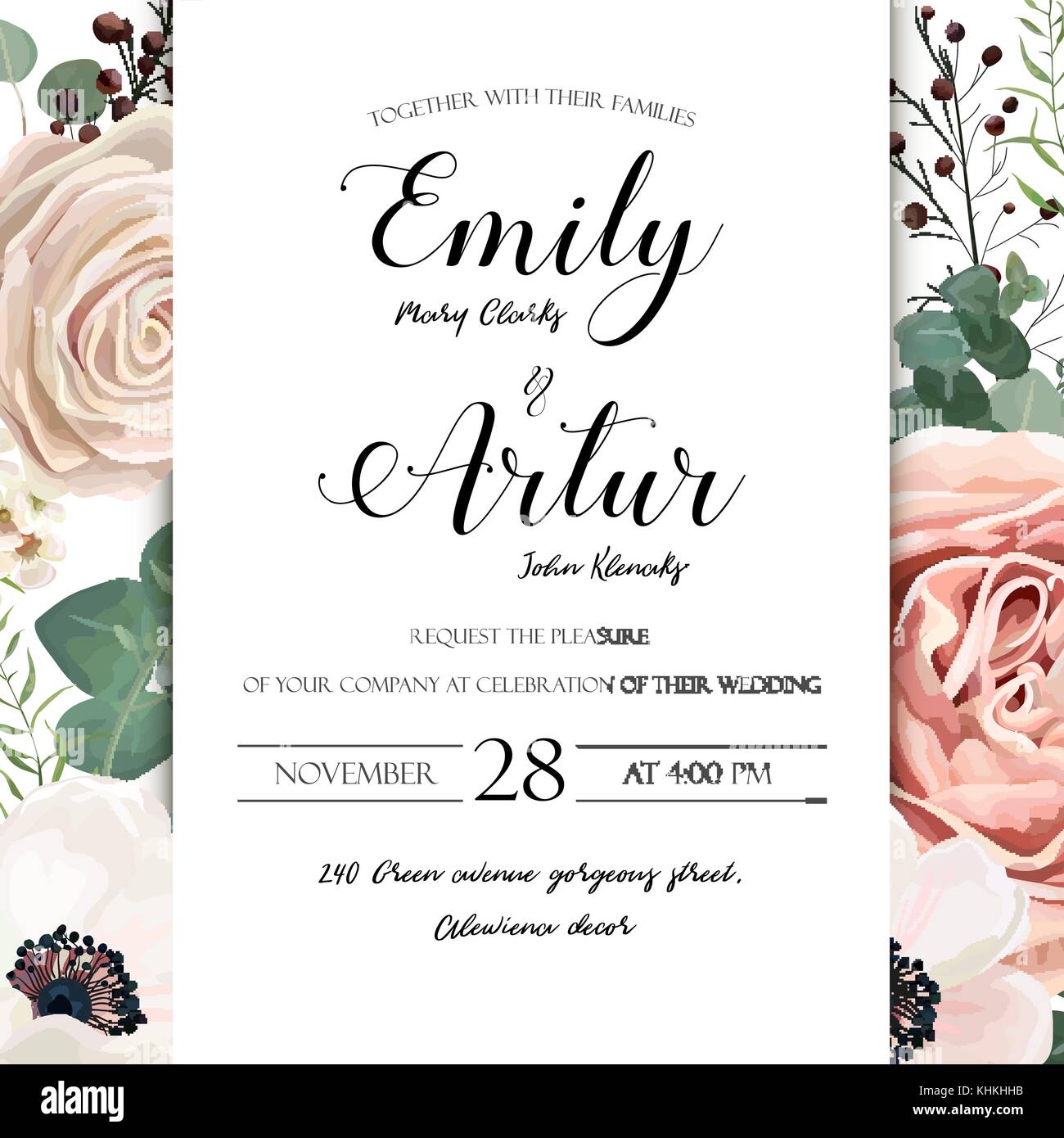Blumen Hochzeit Einladung elegante Karte vektor design einladen: Garten Blume Lavendel pink peach Rose weiß Wachs, Anemone green blue Eukalyptus elegante g Stock Vektor