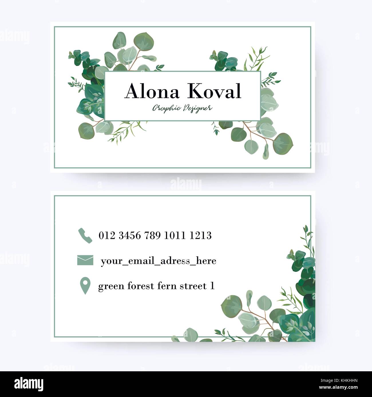 Blumen business card Design. Vintage rustikalen Eukalyptus Silber Grün, Grün, Blätter frame Pattern in einem modernen Stil mit Rahmen. mit dem stan eingehalten Stock Vektor