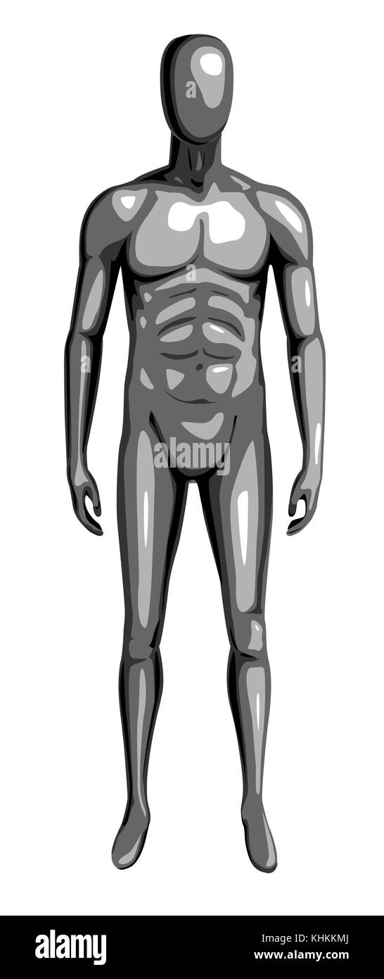 Mann 3d Schwarzweiß-Dummy mit Stahl Textur. Ständige Vorderansicht Mitsupermodel. menschlichen Körper Vektor kreative Art Illustration isoliert weißer Hintergrund Stock Vektor