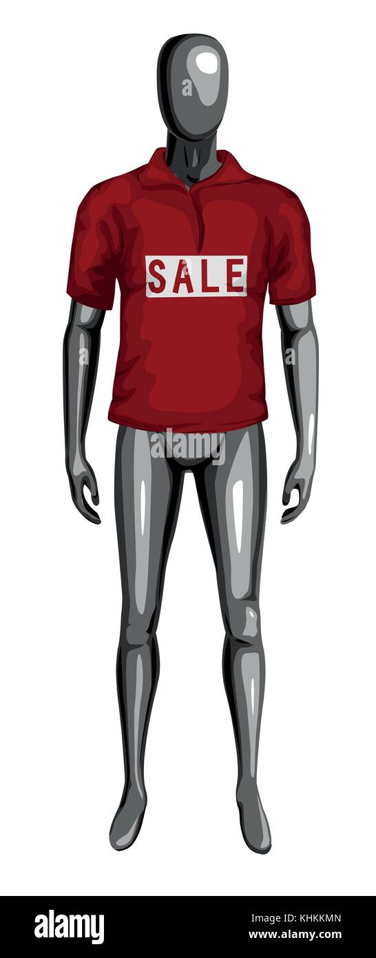 Mann 3d Schwarzweiß-Dummy in Rot verkauf t-shirt gekleidet. Ständige Vorderansicht Mitsupermodel. menschliche Körper in voller Länge Vektor kreative Kunst Illustration ist Stock Vektor