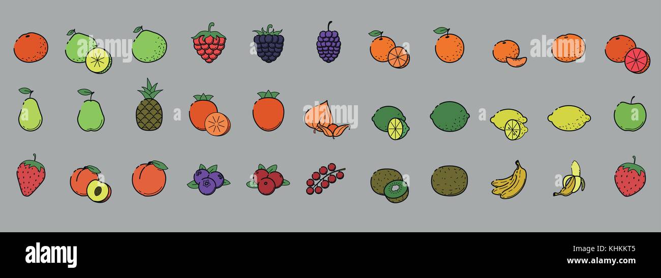 Umrisse bunte lineare Web Icon Set - Obst & Beeren thin fette Linie essen Symbole für das Logo, das Label orange Banane Ananas Apfel, Banane, Kiwi, Pampelmuse, Stock Vektor