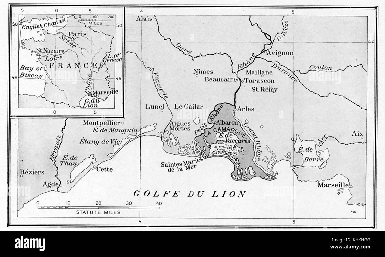 Karte der Region Camargue in Frankreich, beschrieben als "wilden Westen" des Landes, Frankreich, 1922. Stockfoto