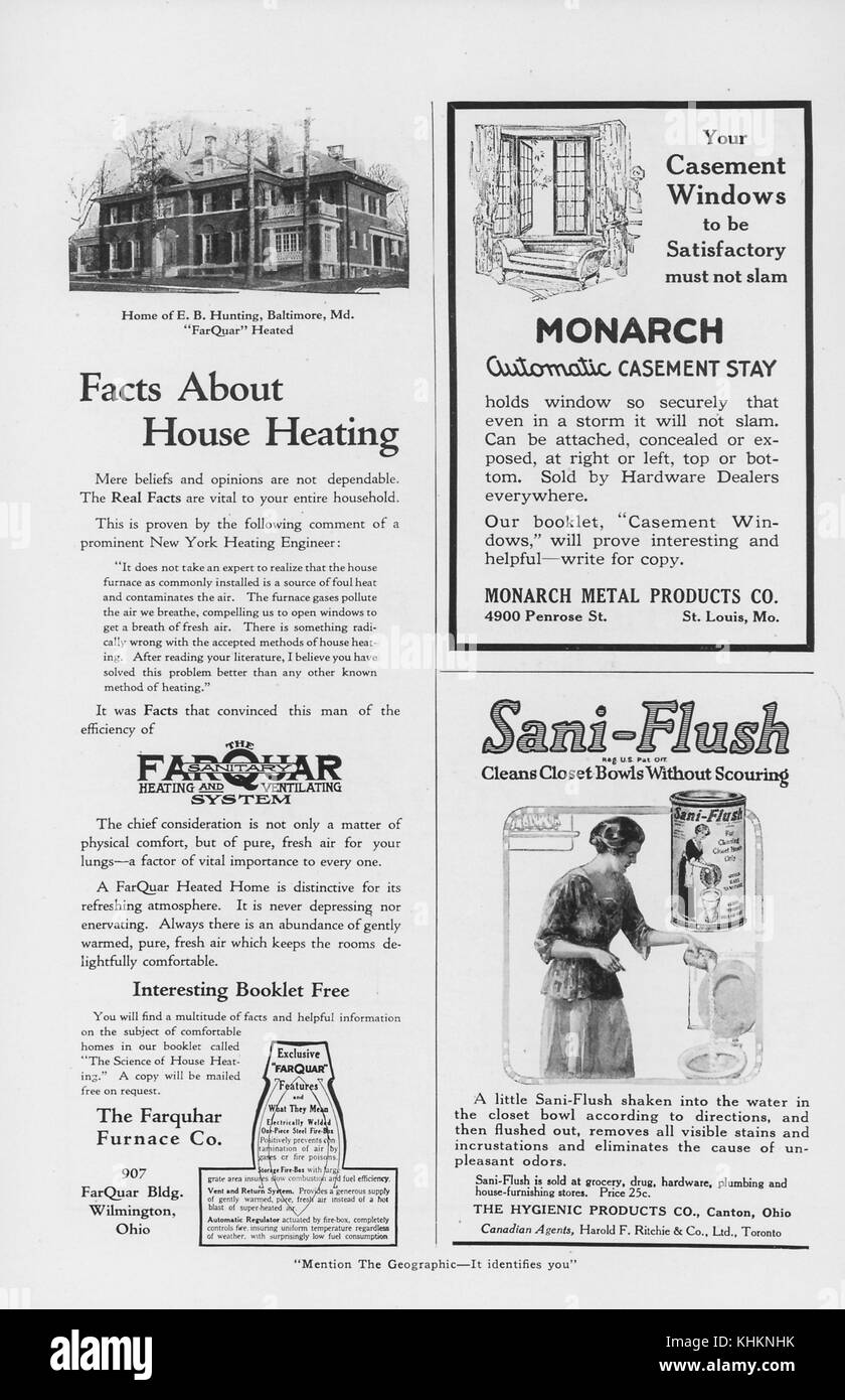 Ein Zeitschriftenlayout mit drei Anzeigen, die halbseitige Anzeige ist für ein Heizsystem von Farquhar Furnace Company, das verspricht, nur saubere, warme Luft für einen Haushalt zu liefern, während die Gase entlüftet werden, die oberste Viertelseite ist für Fensterflügel von Monarch Metal Products Co, die unterste Viertelseite für einen Toilettenreiniger namens Sani-Flush, New York, Juli 1922. Stockfoto
