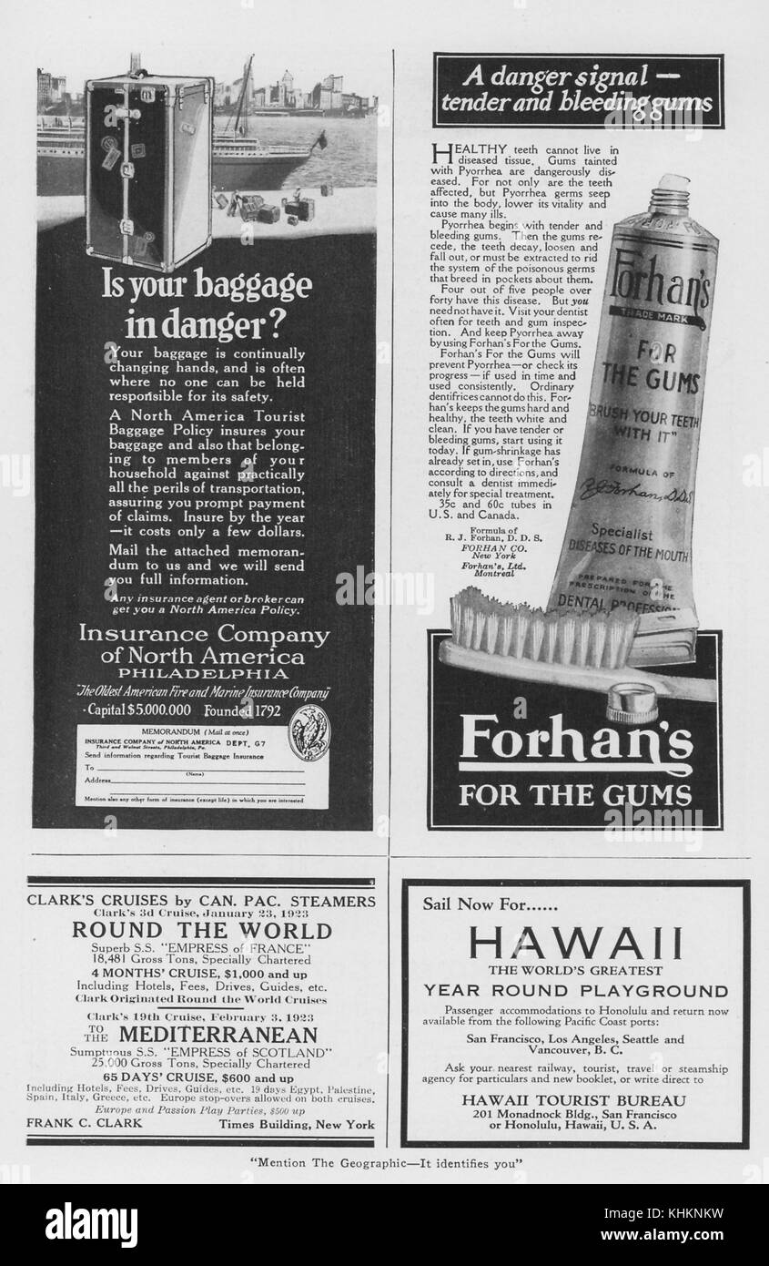 Ein Magazin Seite, bestehend aus vier Ads, oben links ad verfügt über Reisegepäckversicherung, rechts oben ad mit Zahnpasta, unten rechts wirbt Reisen Unterkünfte auf Hawaii, und unten links verfügt über eine Kreuzfahrt auf dem Mittelmeer, Juli, 1922. Stockfoto