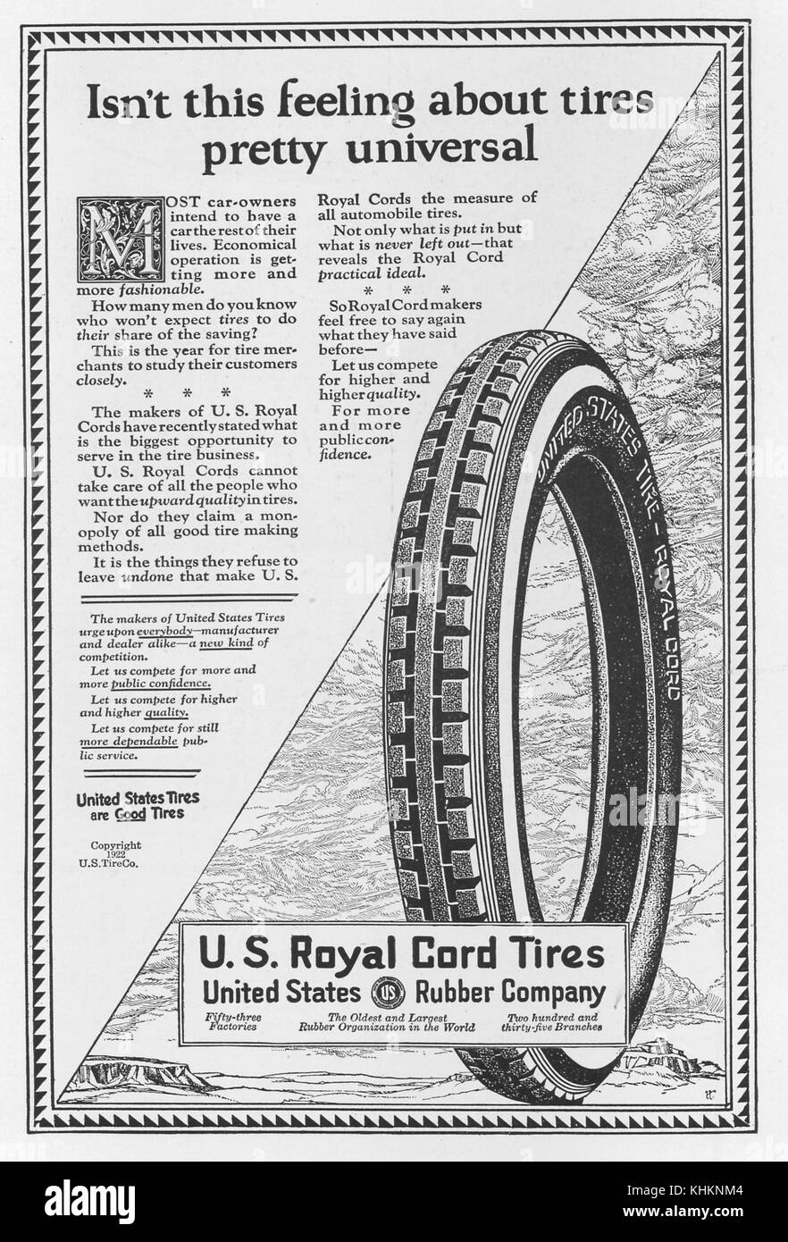 Eine ganzseitige Werbung in einer Zeitschrift für US Royal Cord Reifen von United States Rubber Company, war das Unternehmen eines der ursprünglich zwölf Unternehmen, die im Dow Jones Industrial Average im Juli 1922 erschienen. Stockfoto