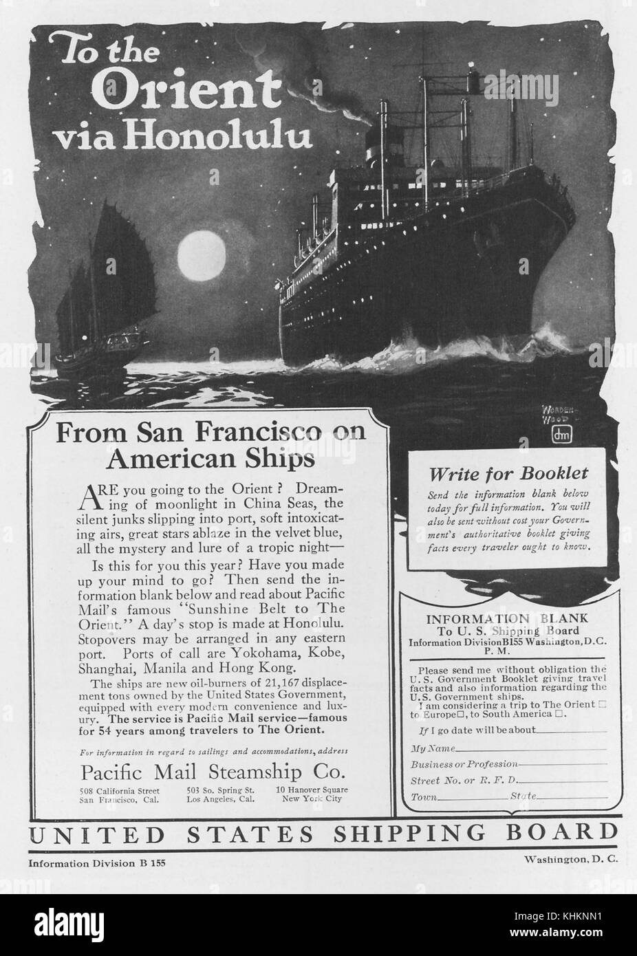 Eine ganzseitige Werbung für eine Kreuzfahrt, die Japan und China besuchen wird, das Unternehmen, das die Kreuzfahrt anbietet, ist die Pacific Mail Steamship Company, Reisende würden auf Schiffen der US-Regierung sein, Juli 1922. Stockfoto