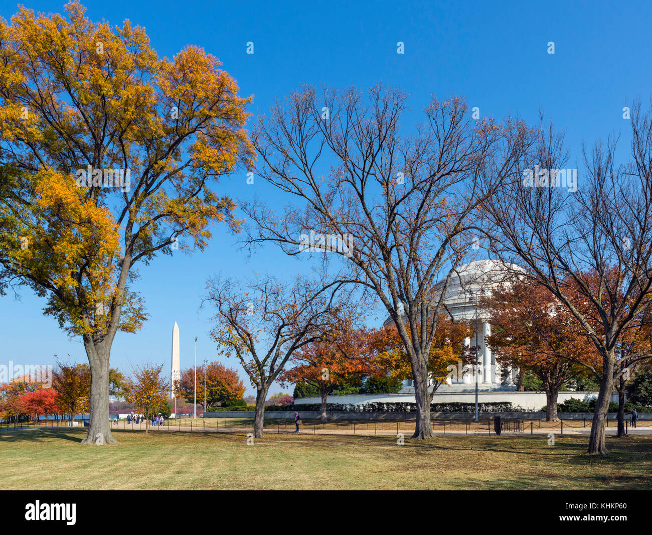 Das Jefferson Memorial und Washington Monument von West Potomac Park, Washington DC, USA Stockfoto