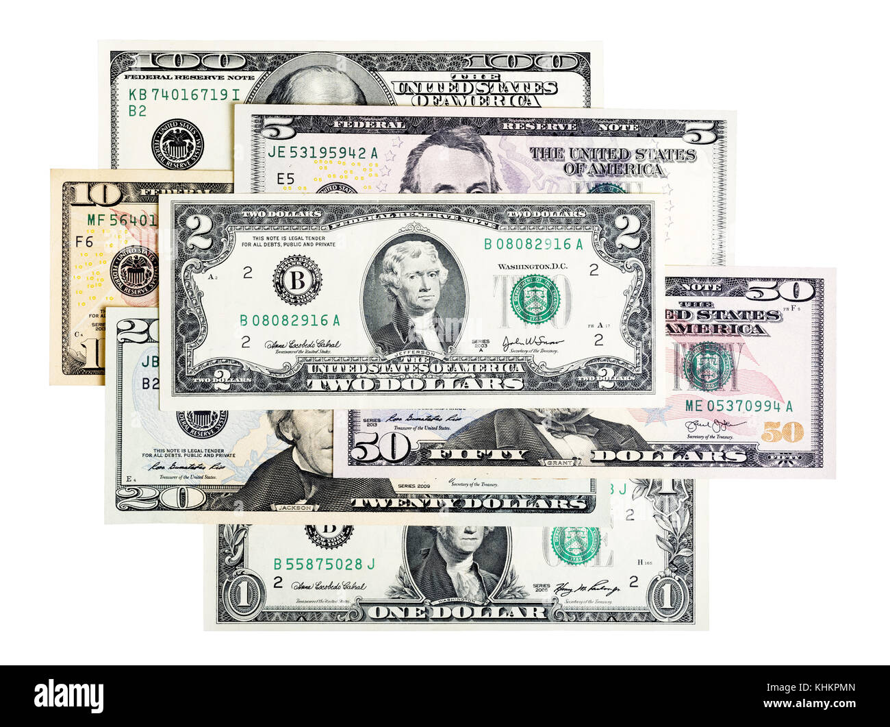 Close-up aller US Dollar Banknoten isoliert auf Weiss. Hochauflösendes Foto. Stockfoto