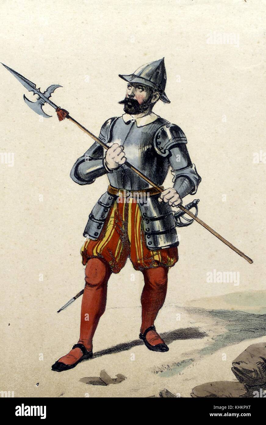 Eine Farblithographie zeigen einen Mann in spanischen Militär ist, er ist ein Sergeant, der Rüstung auf seinem Oberkörper trägt und einen Helm, er trägt eine hellebarde und ein Schwert, die untere Hälfte seiner Uniform besteht aus Gelb und rot gestreiften Hosen und roten Strümpfen, 1534. Von der New York Public Library. Stockfoto
