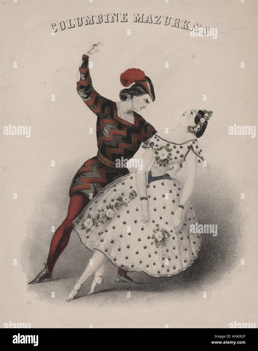 Eine Farblithographie mit zwei Leuten zusammen tanzen, der Mann trägt eine reich verzierte schwarze und rote Kostüm mit einem passenden hut mit feder, die Frau trägt ein weißes Kleid mit Sterne und Blumen dekoriert, sie hat auch Sterne in ihr Haar, das Bild erschien als Teil einer Werbung für eine Leistung eines polnischen Volkstanz namens Columbine Mazurka, 1846. Von der New York Public Library. Stockfoto