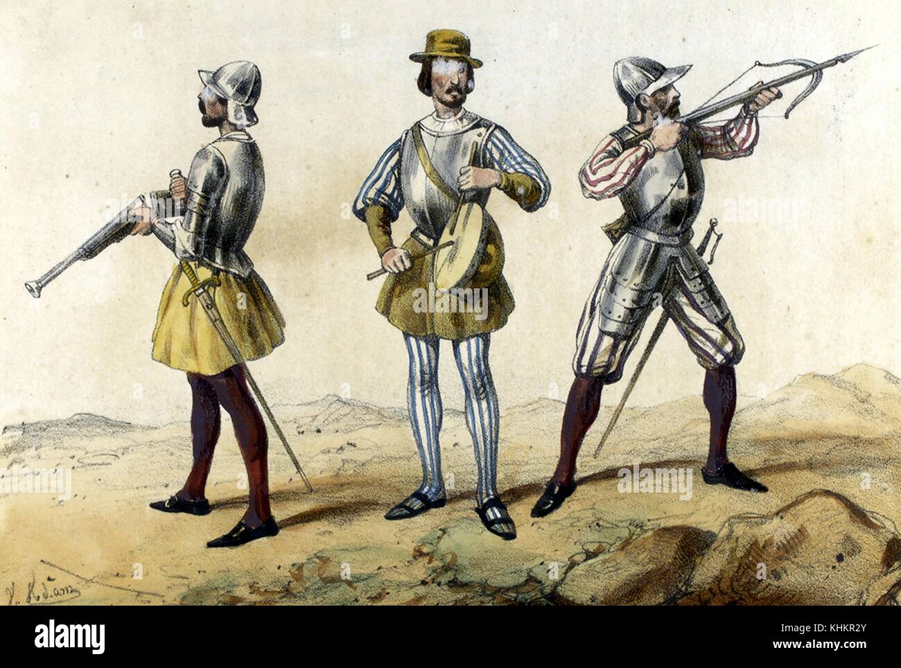 Eine Farblithografie, die drei verschiedene Mitglieder des spanischen Militärs darstellt, wie sie 1505 erschienen wären, der Soldat links trägt ein Gewehr und Schwert, er trägt eine Oberkörperrüstung und einen Helm, seine Uniform ist gelb und rot, der Soldat in der Mitte ist ein Trommler, der eine Kettledrum spielt, er trägt eine Oberkörperrüstung und seine Uniform ist blau, weiß und gelb, er trägt auch gelbe Culotten, der Soldat auf der rechten Seite ist ein Bogenschützer mit Armbrust und Schwert, er trägt Rüstung, um seinen Oberkörper und seine Oberschenkel zu schützen, zusammen mit einem Helm, seine Uniform ist weiß und rot, 1861. Aus der ne Stockfoto