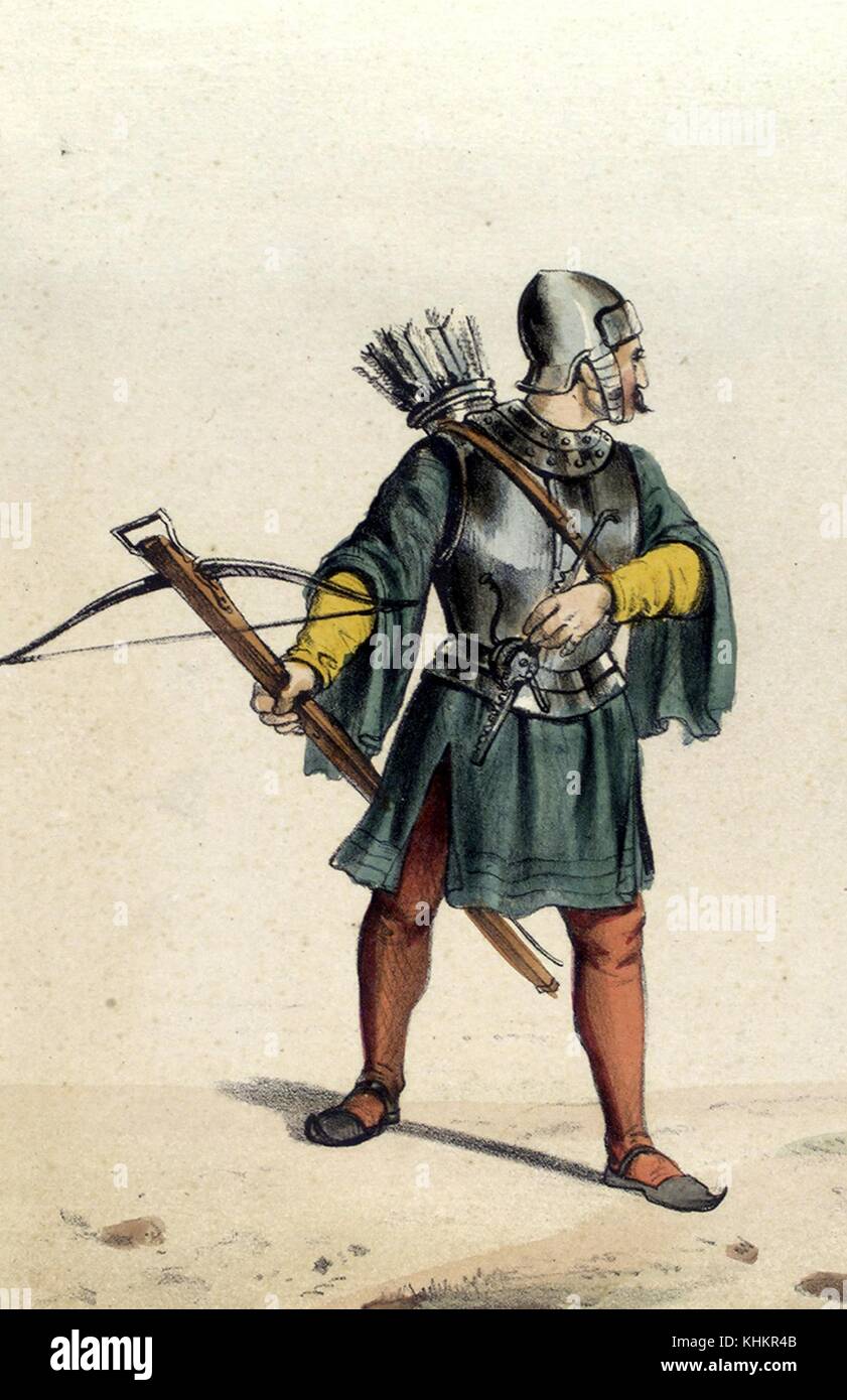 Eine Farblithographie mit der Darstellung eines spanischen militärischen Archer, als er im Jahre 1493 erschienen wäre, trägt er Brust Rüstung, Helm und lange grüne Tunika mit einem gelben Hemd und roten Strümpfen darunter, trägt er eine lange Armbrust und eine große Köcher mit Pfeilen, 1861. Von der New York Public Library. Stockfoto