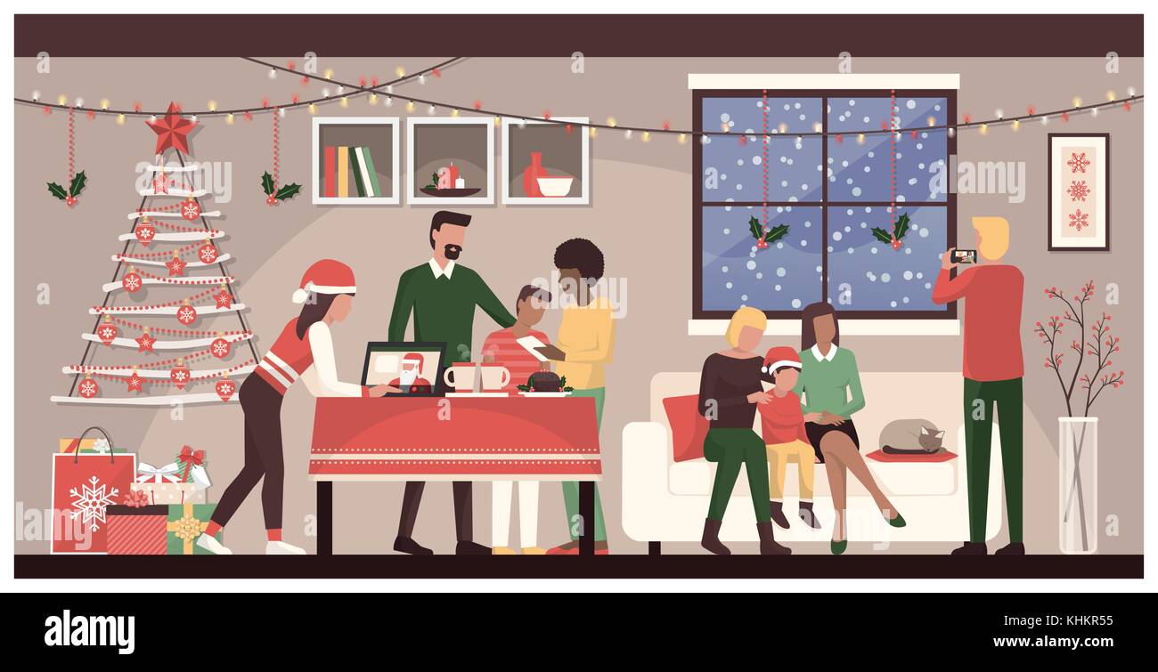 Leute Weihnachten feiern gemeinsam zu Hause: Familienzimmer mit Verbindungstür mit mobilen Geräten und einem Laptop, homosexuelle Paare mit ihrem Sohn posieren für ein pictu Stock Vektor