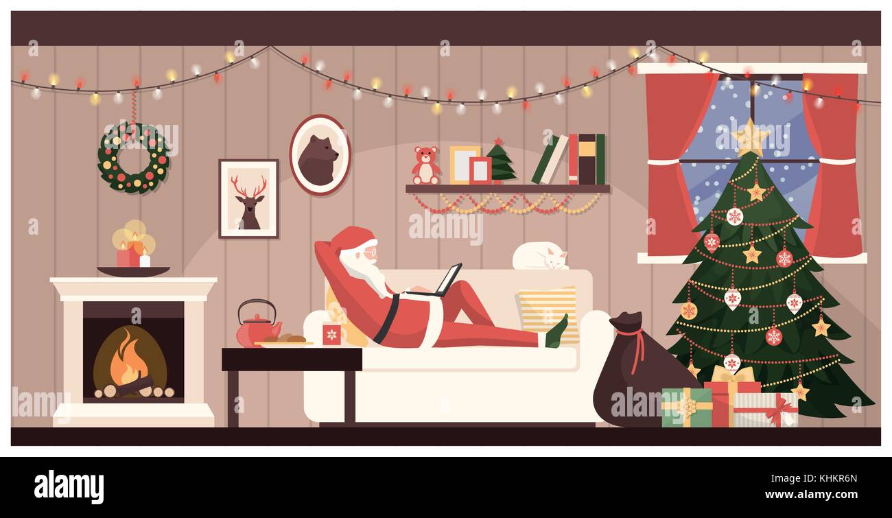Santa claus entspannt auf dem Sofa zu Hause und Verbinden mit einem Laptop am Weihnachtsabend seinen Sack mit Geschenken ist bereit Stock Vektor