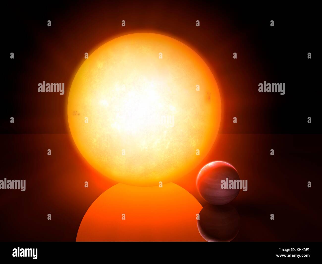 NGTS-1 Roter Zwerg (Mitte) und sein Planet (unten rechts), Illustration. Die NGTS (Next-Generation Transit Umfrage) in der Atacama-Wüste in Chile gelegen, mit einem primären Ziel extrasolare Planeten mit Massen und Größen zwischen denen von Erde und Neptun zu lokalisieren. Eine der Entdeckungen ist NGTS-1, einem Roten Zwerg etwa die Hälfte der Durchmesser der Sonne. Es gefunden wurde ein Gas Giant Planet host fast ein Viertel seiner Größe und ist damit der größte bekannte Planeten in Bezug auf die Sterne. Stockfoto