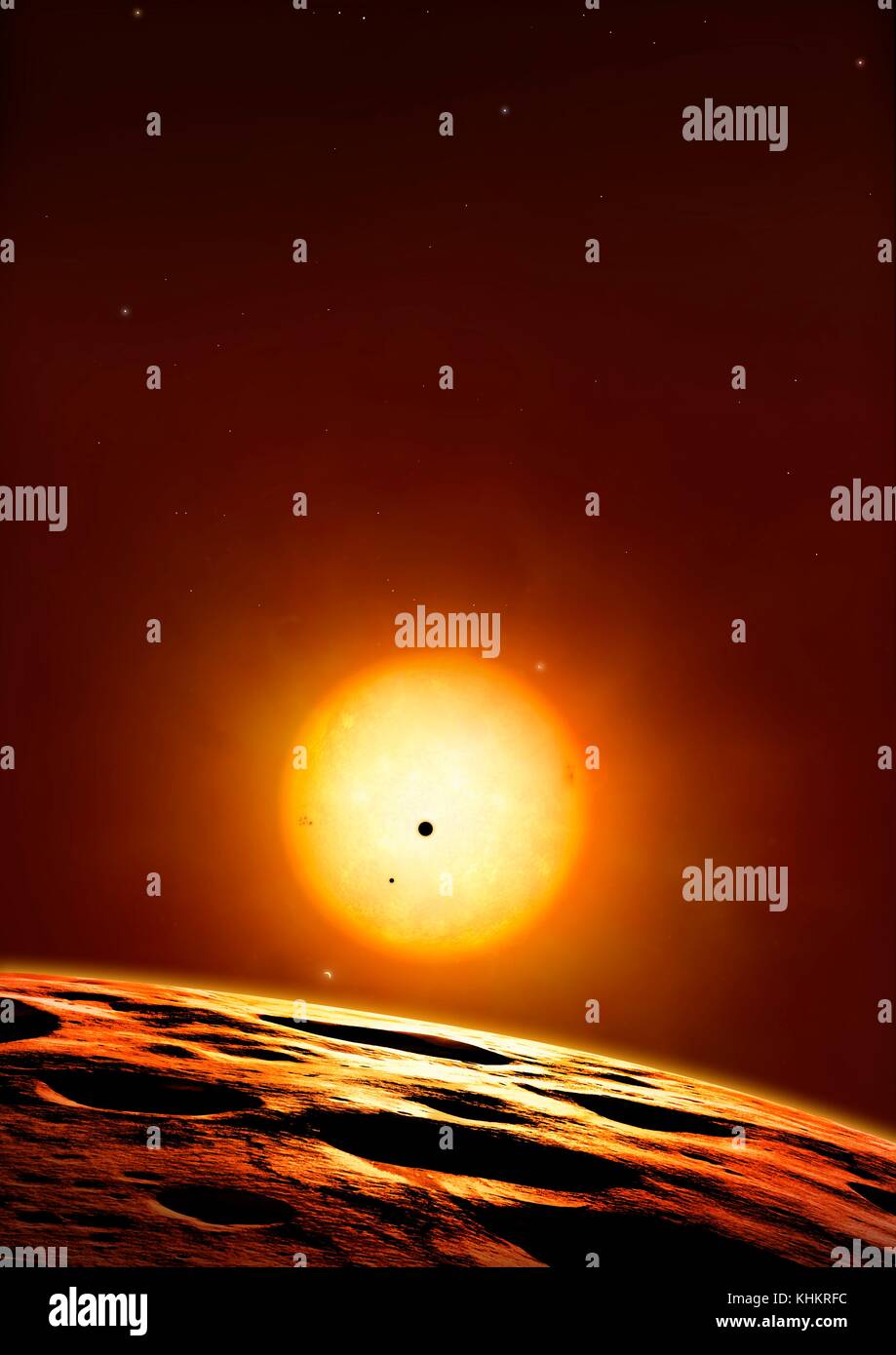Kepler 444 System von Planeten, Illustration. Kepler 444 ist ein Alter Stern, geschätzt auf rund 11.2 Milliarden Jahre alt sein, mehr als zweimal das Alter der Sonne. Es ist 117 Lichtjahre von der Erde entfernt im Sternbild Lyra. Im Jahr 2015, Astronomen bestätigt, dass dieses coole Star (5000 Grad Kelvin) ist Gastgeber für mindestens fünf Gesteinsplaneten, variiert von 0,4 bis 0,7-fache des Radius der Erde, oder zwischen den Größen des Merkur und Mars. Jedoch sind die Planeten unwahrscheinlich Aufenthaltsorte für das Leben, da sie alle in sehr engen Bahnen gepresst sind. Stockfoto