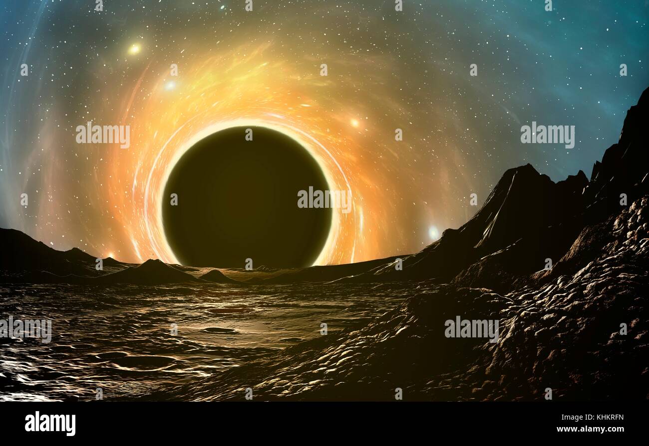 Abbildung: ein schwarzes Loch von einem umkreisenden Planeten gesehen. Ein Schwarzes Loch ist eine Region der Raumzeit, in denen die Gravitation ist so stark, dass nicht einmal Licht entkommen kann. Sie werden erstellt, wenn die massiven Sterne sterben. Stockfoto