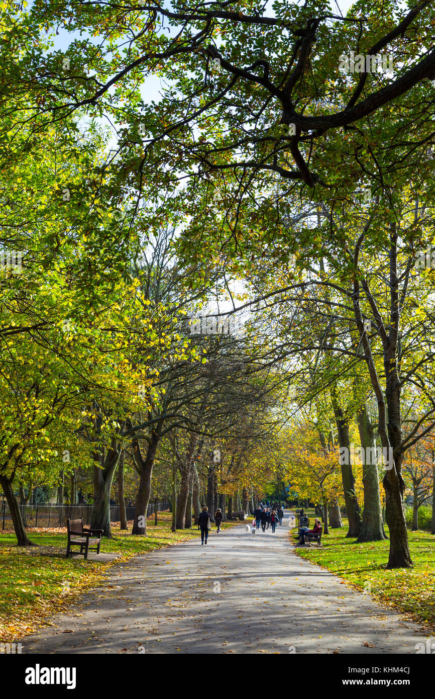Menschen zu Fuß einen grünen Weg obwohl Holland Park, London, UK Stockfoto