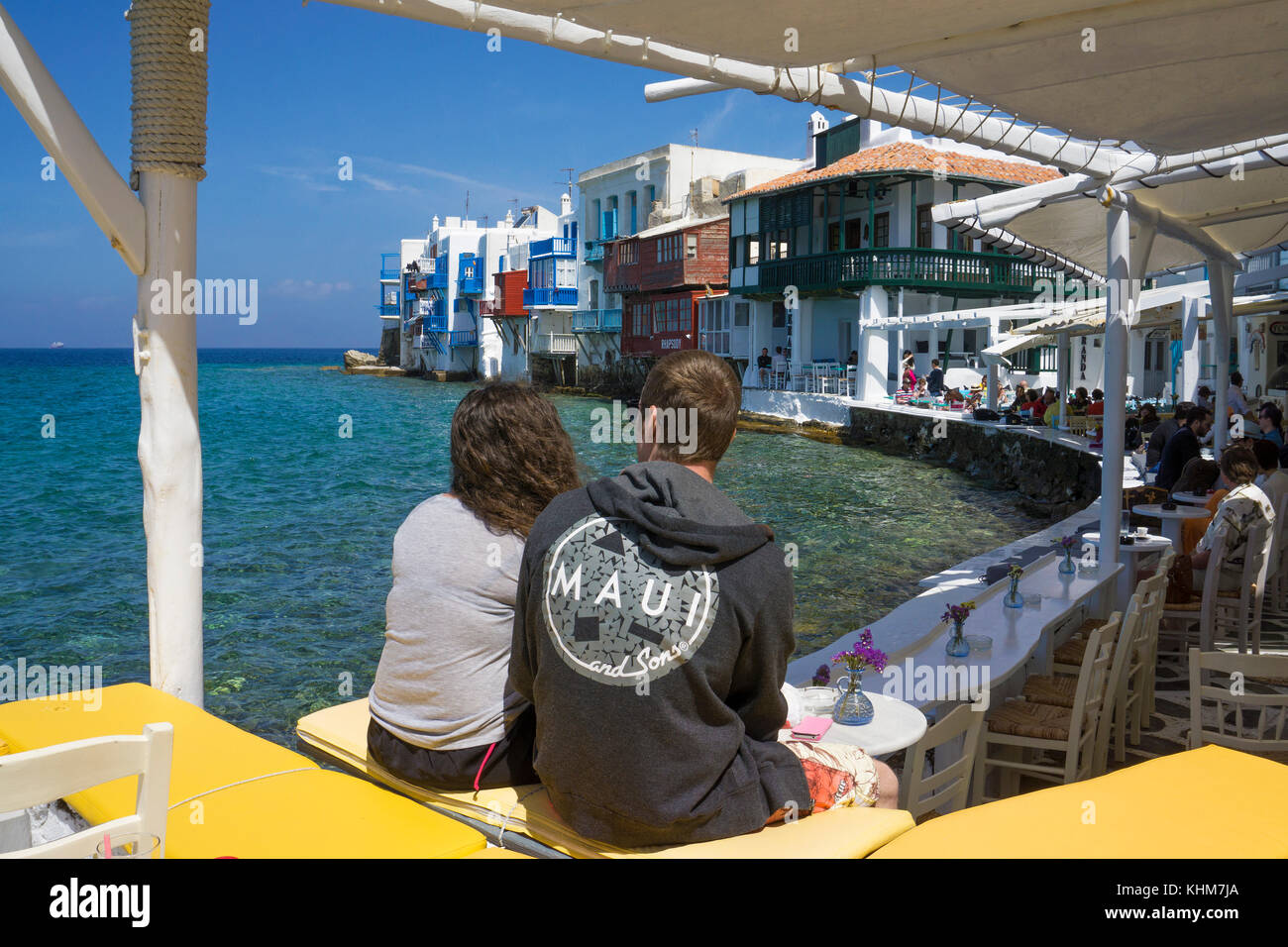 Restaurant und Bars entlang Little Venice, Insel Mykonos, Kykladen, Ägäis, Griechenland Stockfoto