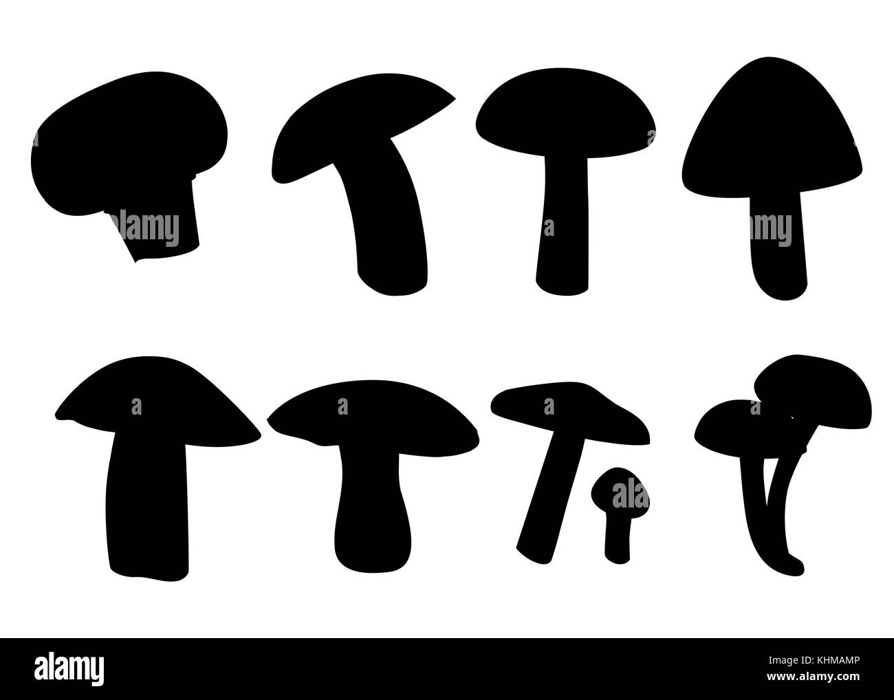 Pilze, schwarze Silhouetten, auf weißem Hintergrund. Vektor isolierte Elemente. Symbole. Webseite und mobile App Design Stock Vektor