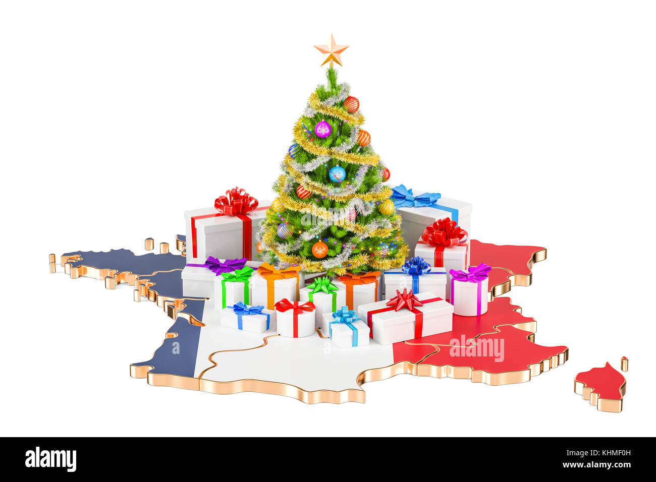 Weihnachten und neues Jahr Urlaub in Frankreich. 3D-Rendering auf weißem Hintergrund Stockfoto