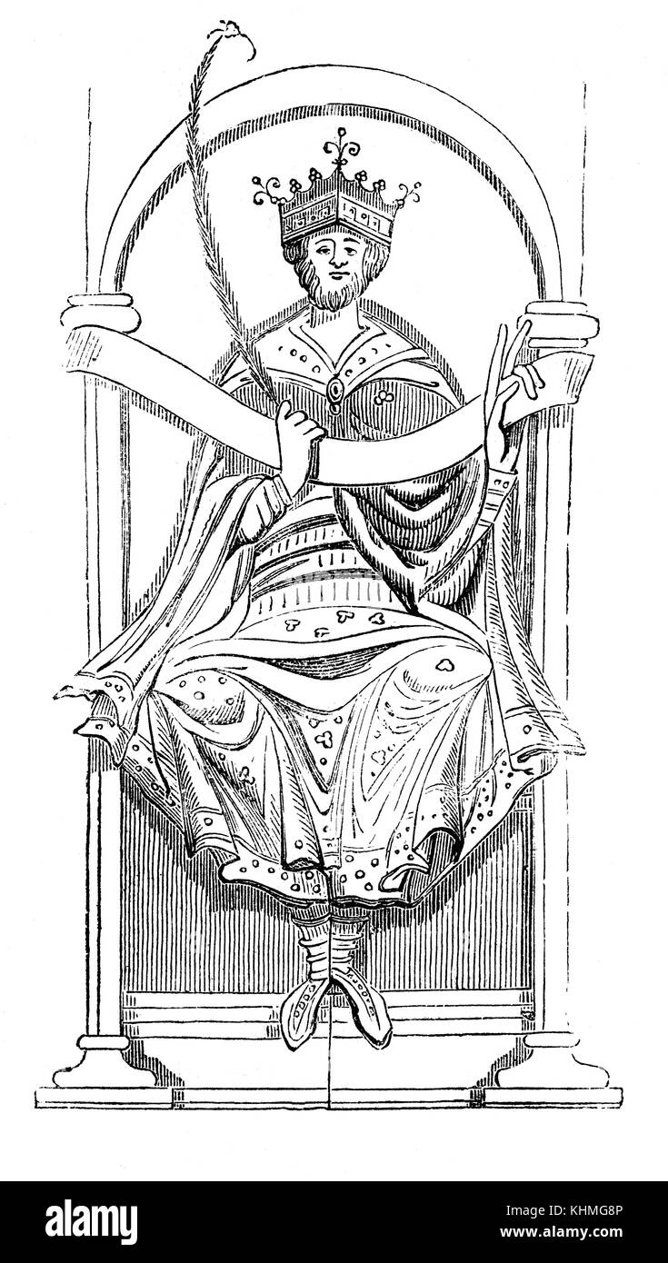 Eine frühe Darstellung von König Edgar (943 - 975), als friedliche oder der friedfertige und König von England bekannt von 959 bis zu seinem Tod. Als König, Edgar konsolidierte die politische Einheit von seinen Vorgängern erreicht, mit seiner Herrschaft für seine relative Stabilität zu verzeichnen war. Seine meisten trusted advisor war Dunstan, den er aus dem Exil zurückgerufen und Erzbischof von Canterbury. Der Inbegriff von Edgar Regierungszeit war seine Krönung am Bad in 973, die von Dunstan organisiert war und bildet die Grundlage für die aktuelle englische Krönungszeremonie. Stockfoto