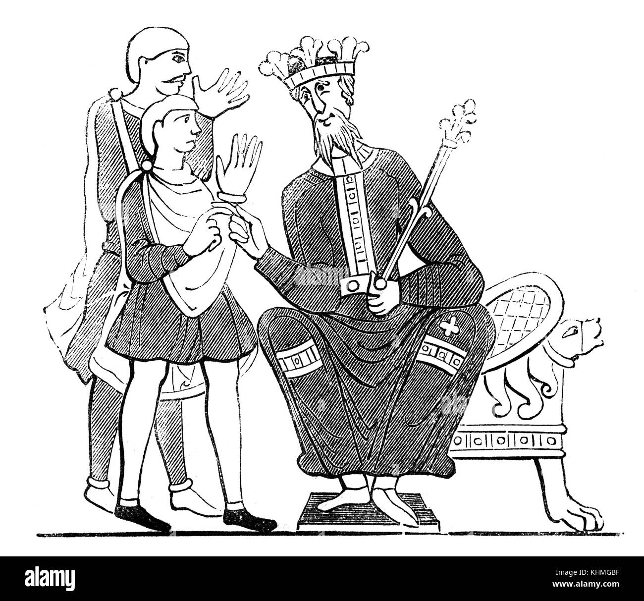 König Edward, der Beichtvater, im Gespräch mit Harold Godwinson, später König Harold, beim Verlassen der Normandie im Jahre 1064. Vom Teppich von Bayeux Stockfoto