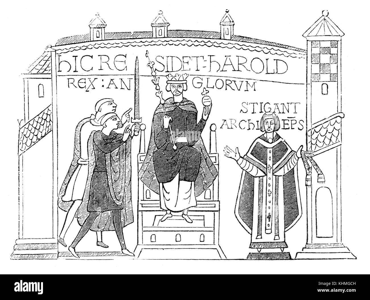 Die Krönung von König Harold am 6. Januar, in der Westminster Abbey wahrscheinlich gehalten. Es folgte auf den Tod von König Edward dem Bekenner, die in einem Koma ohne Klärung seiner Vorliebe für die Nachfolge fiel. Er starb am 5. Januar 1066, jedoch nicht vor kurz das Bewusstsein wiedererlangt und lobte seine Witwe und das Königreich zu Harold's "Schutz". Vom Teppich von Bayeux Stockfoto