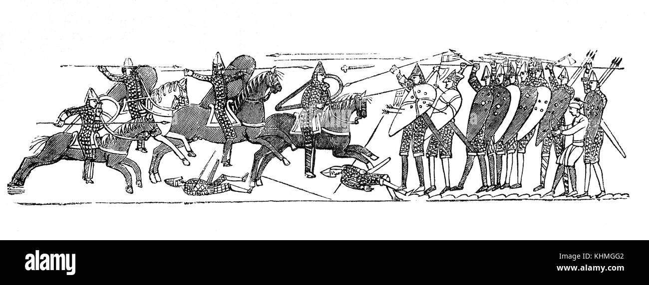 Ein Schauplatz der Kämpfe zwischen den Normannen von König Williiam I. und König Harold's Anglo-sächsische Armee in der Schlacht von Hastings im Jahre 1066. Vom Teppich von Bayeux Stockfoto
