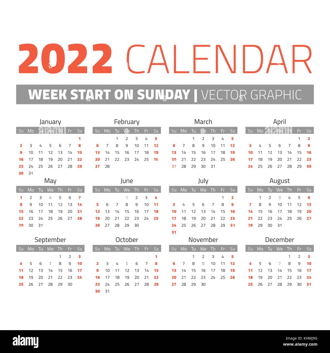 Einfache 2022 Jahr Kalender Stock-Vektorgrafik - Alamy