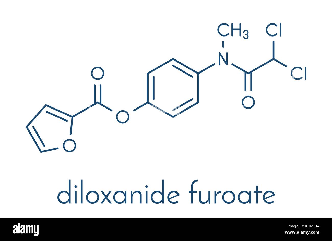 Diloxanide furoate Amöbiase Droge Molekül. Bei der Behandlung von Infektionen Entamoeba histolytica verwendet. Skelettmuskulatur Formel. Stock Vektor