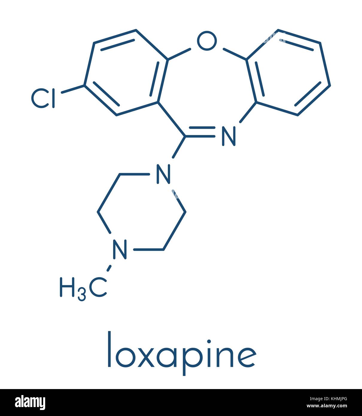 Loxapine antipsychotische Droge Molekül; zur Behandlung der Schizophrenie. Skelettmuskulatur Formel. Stock Vektor