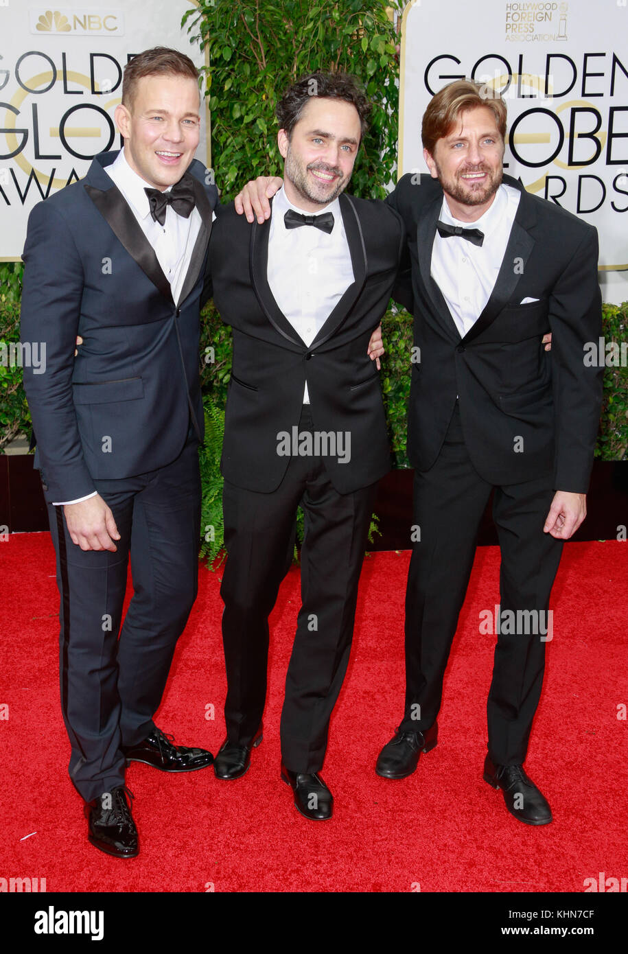 Beverly HILLS, CA - 11. Januar: Ruben Ostlund, Erik Hemmendorf, und Johannes Bah Kuhnke bei Golden Globes 2015, die am 11. Januar 2015 in Beverly Hilton in Beverly Hills, Kalifornien abgehalten wurden. Bildnachweis: MPI500/MediaPunch Stockfoto