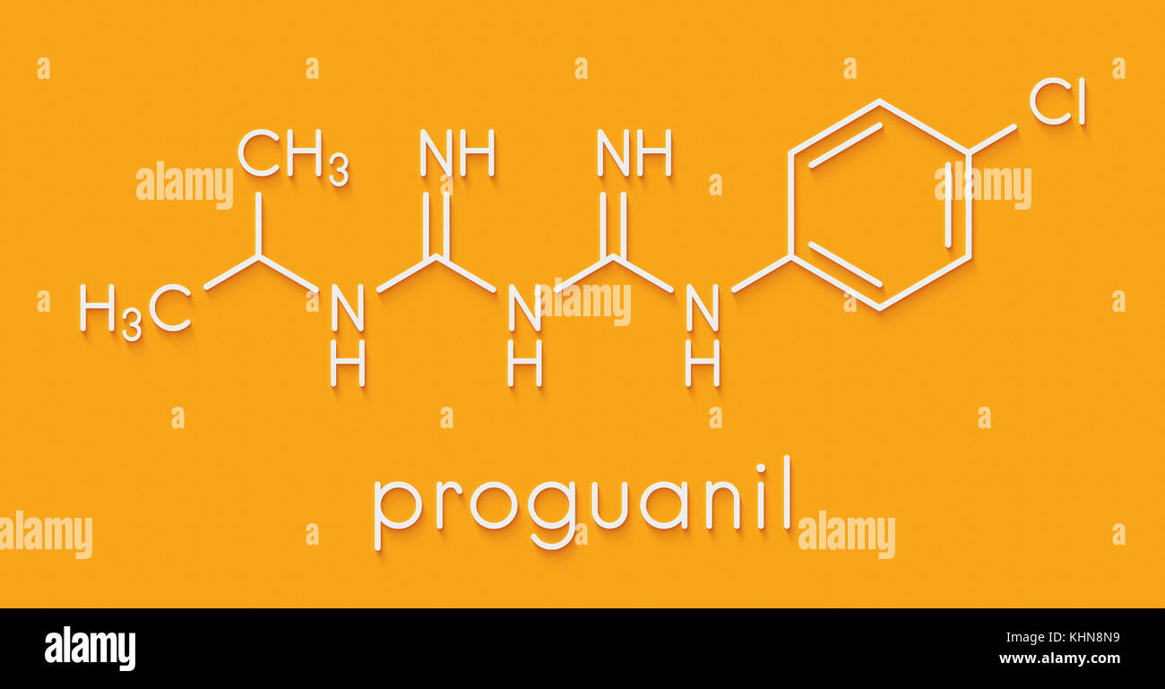 Proguanil prophylaktische Arzneimittel gegen Malaria Molekül. Skelettmuskulatur Formel. Stockfoto