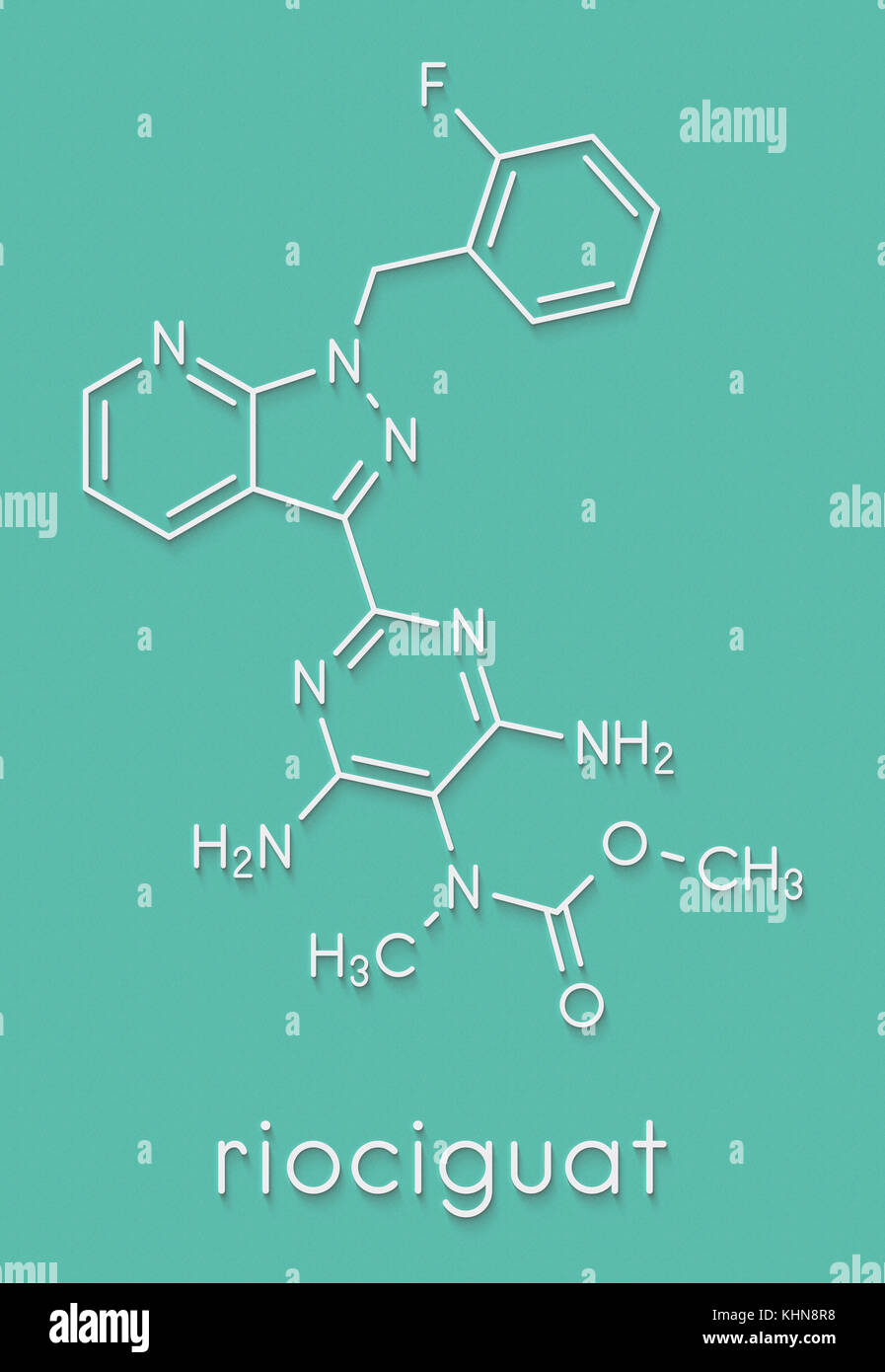Riociguat pulmonale Hypertonie (PH) Droge Molekül. Stimulator der löslichen Guanylatcyclase (Sgc). Skelettmuskulatur Formel. Stockfoto