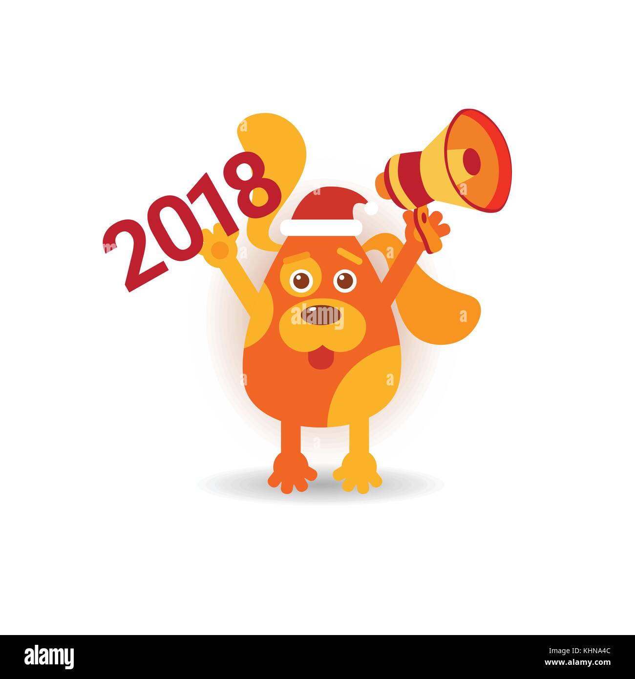 Hund in santa hut halten Megaphon auf weißem Hintergrund neues Jahr 2018 Zeichen Stock Vektor