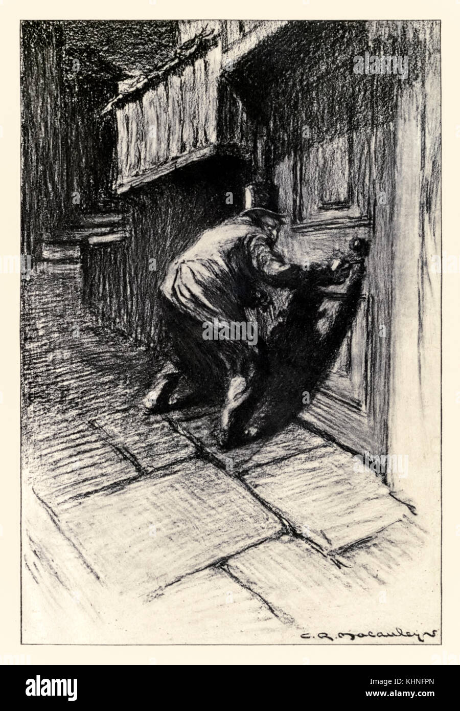 "Die Tür" frontispiz von der 'Seltsame Fall von Dr. Jekyll und Mr Hyde" von Robert Louis Stevenson (1850-1894) illustriert von Charles Raymond Macaulay (1871-1934). Weitere Informationen finden Sie unten. Stockfoto