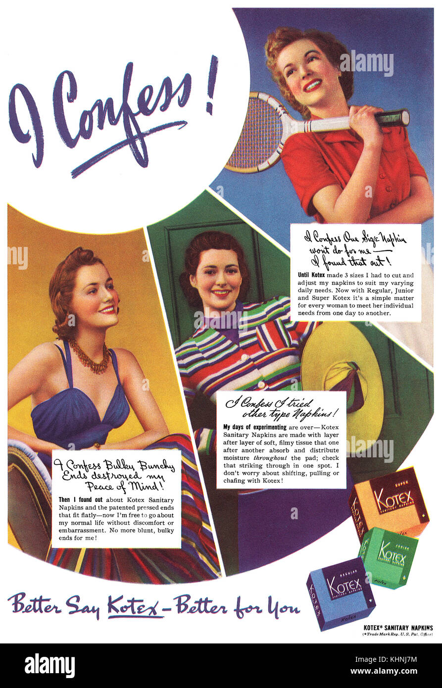 1939 US-Werbung für Damenbinden. Stockfoto