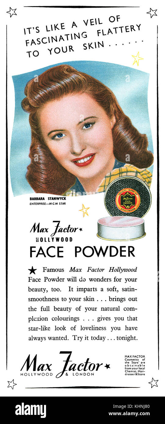 1947 britischen Werbung für Max Factor Gesicht Puder mit Schauspielerin Barbara Stanwyck. Stockfoto