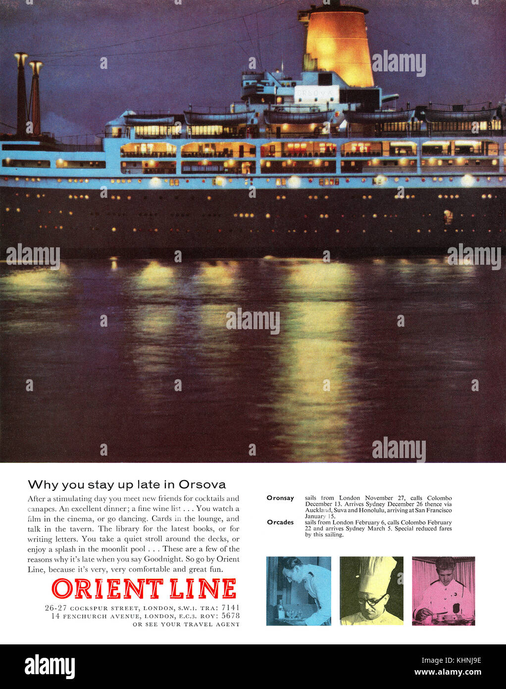 1959 britischen Werbung für Orient Line Cruises. Stockfoto