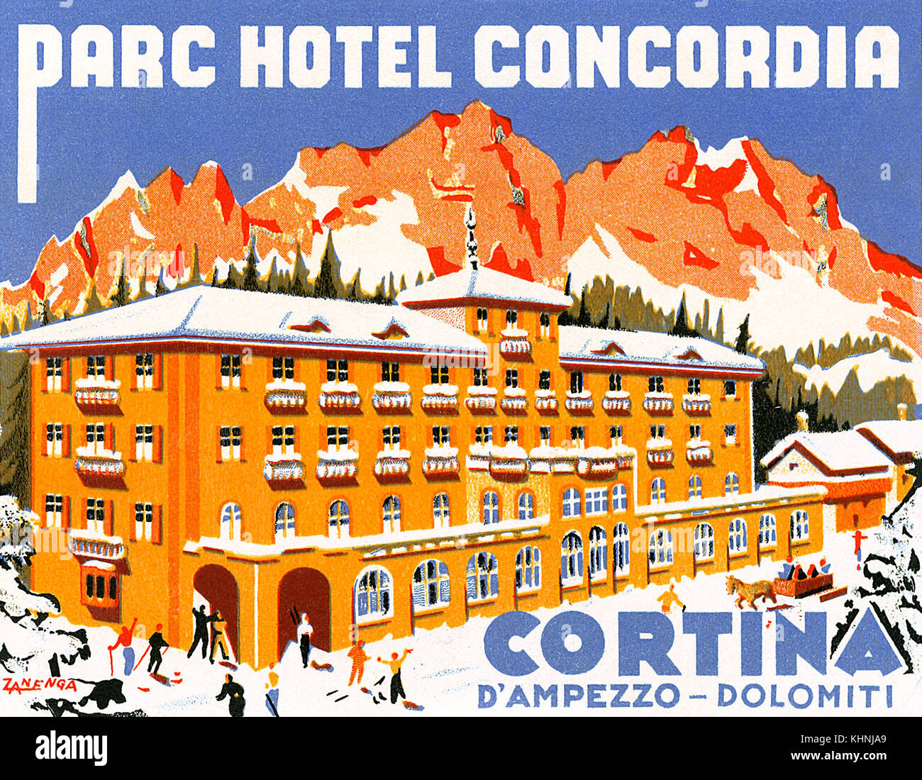 Vintage Gepäckanhänger für das Parc Hotel Concordia in Cortina d'Ampezzo in den italienischen Alpen. Jetzt Hotel Concordia genannt. Stockfoto