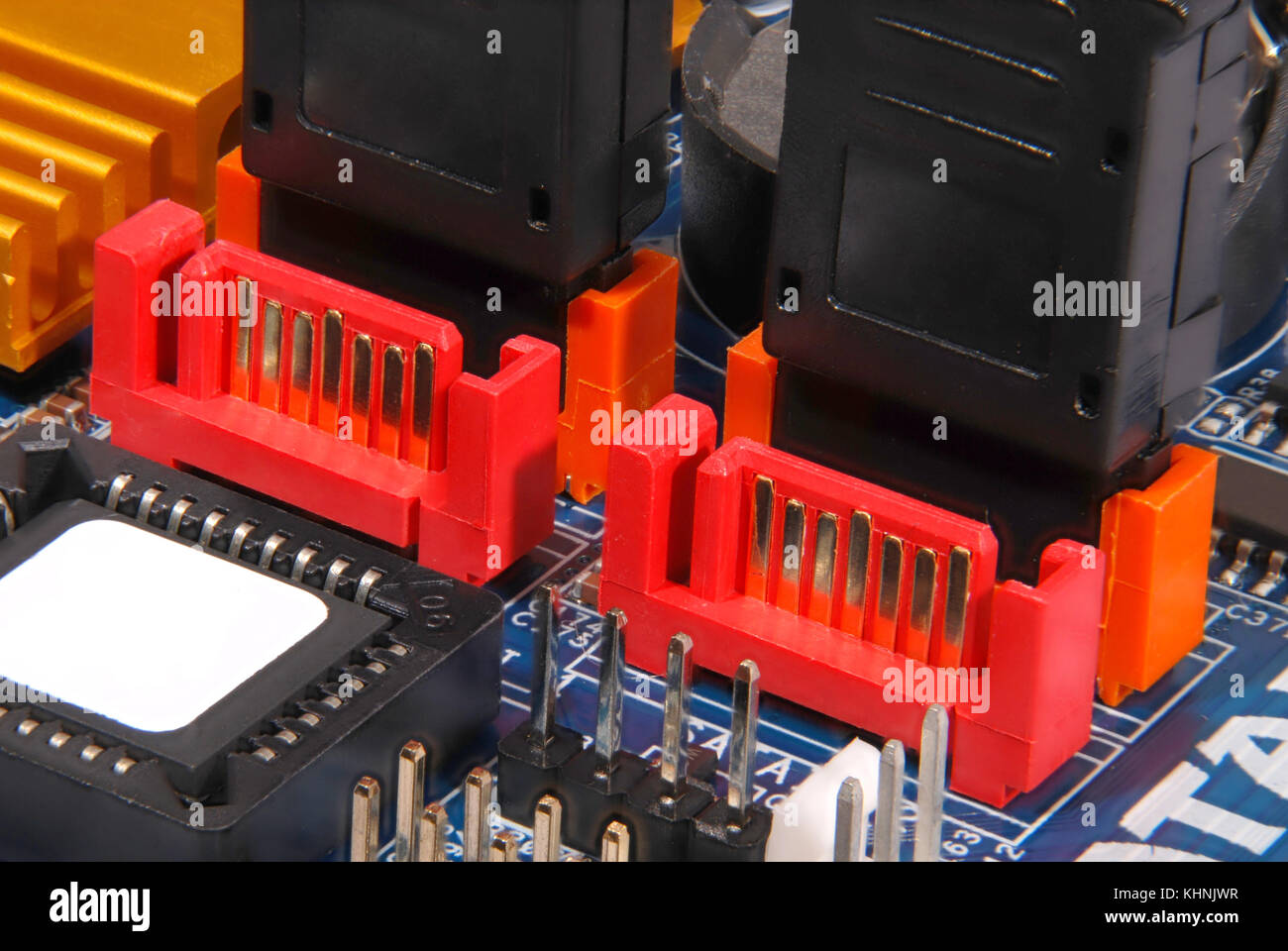 SATA-Buchse, Nahaufnahme eines blauen Computer Stromkreis Stockfoto
