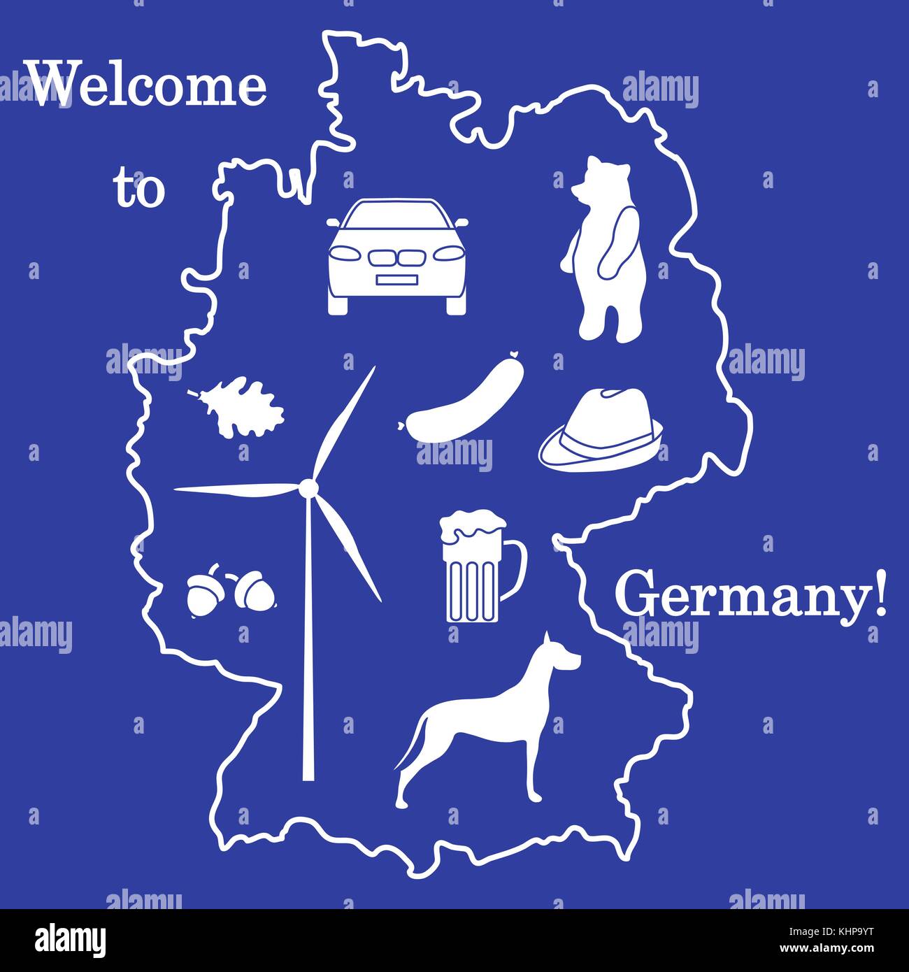 Vector Illustration mit verschiedenen Symbolen in Deutschland. Reisen und Freizeit. Design für Banner, Poster oder Drucken. Stock Vektor