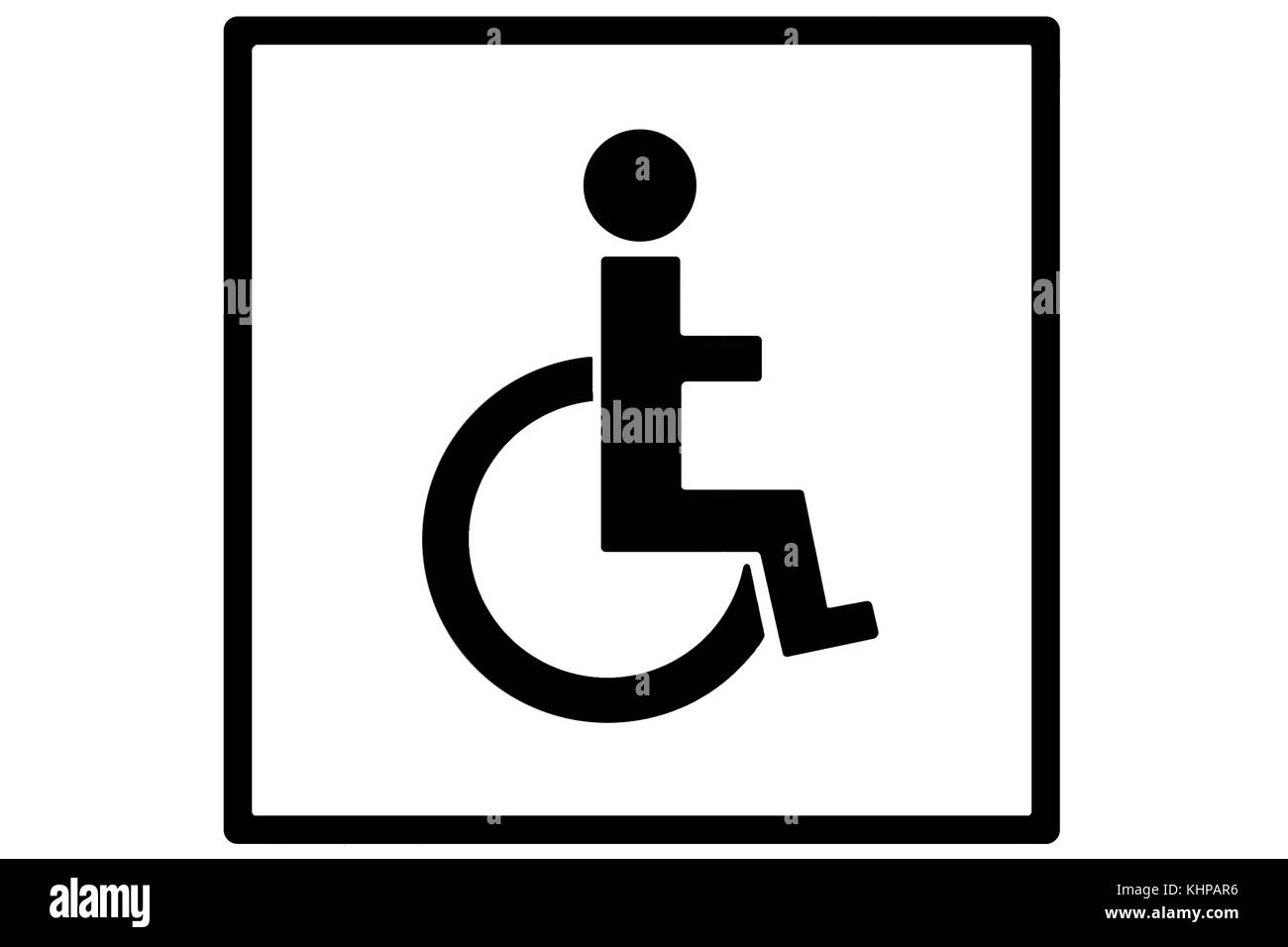 Ein Schild oder ein Schild, das eine Person im Rollstuhl in schwarzer Silhouette auf weiß in einem quadratischen schwarzen Kasten als Behindertenschild oder Behindertenschild darstellt Stockfoto